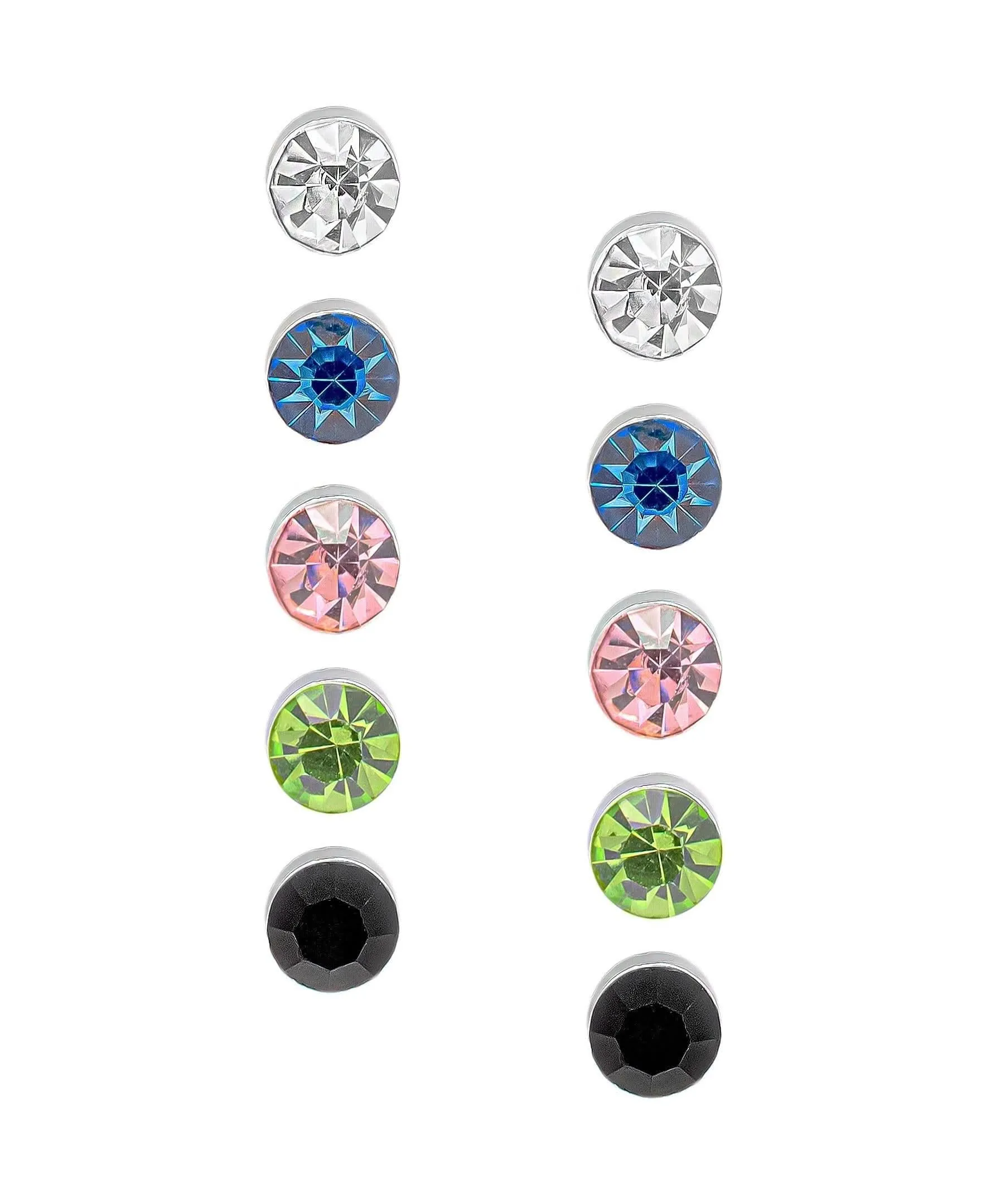 Silver Plated Multi Crystal 5PC Stud Set Earrings
