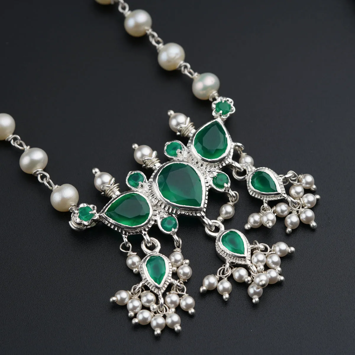 Silver Tanmani Set with Green Onyx and Fresh Water Pearls