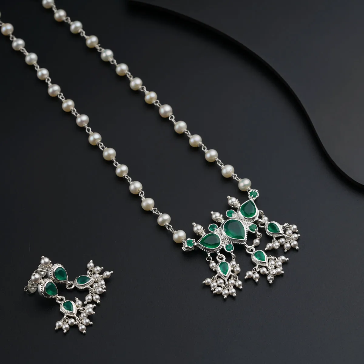 Silver Tanmani Set with Green Onyx and Fresh Water Pearls