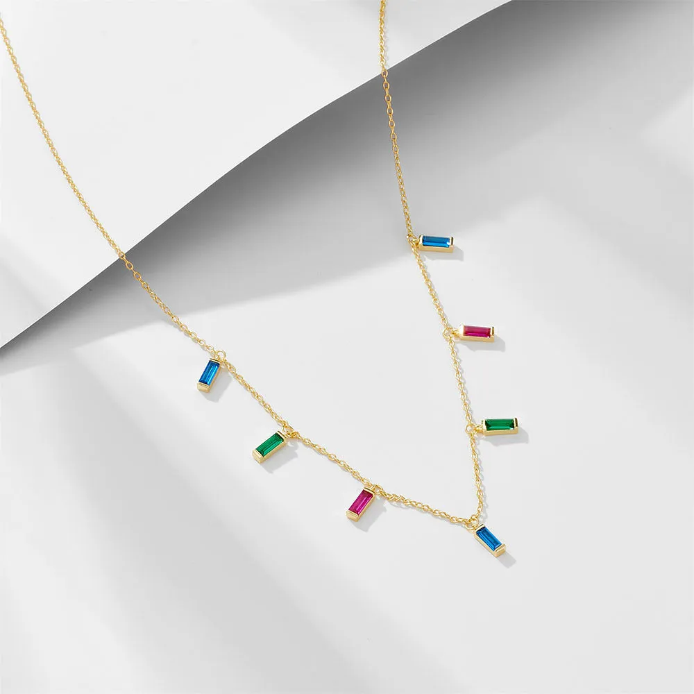 Small Rectangle Rainbow Zircons Silver Necklace