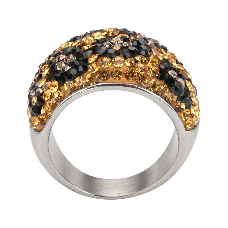 Stainless Steel Polished Ring w/ 185 Brown & Black Crystal Pave Set Leopard Design