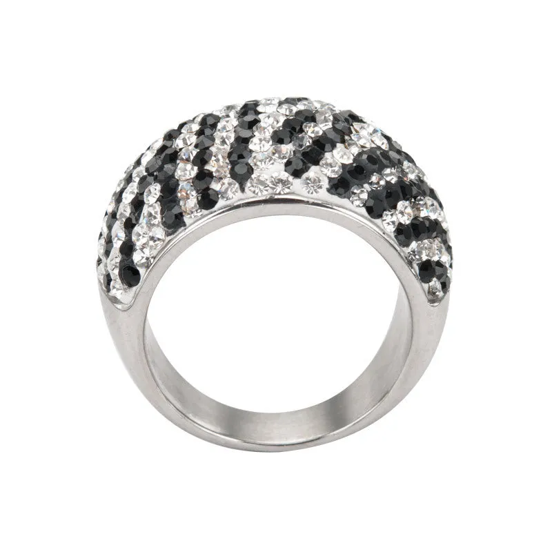 Stainless Steel Polished Ring w/ 200 Black & Clear Crystal Pave Set Zebra Design