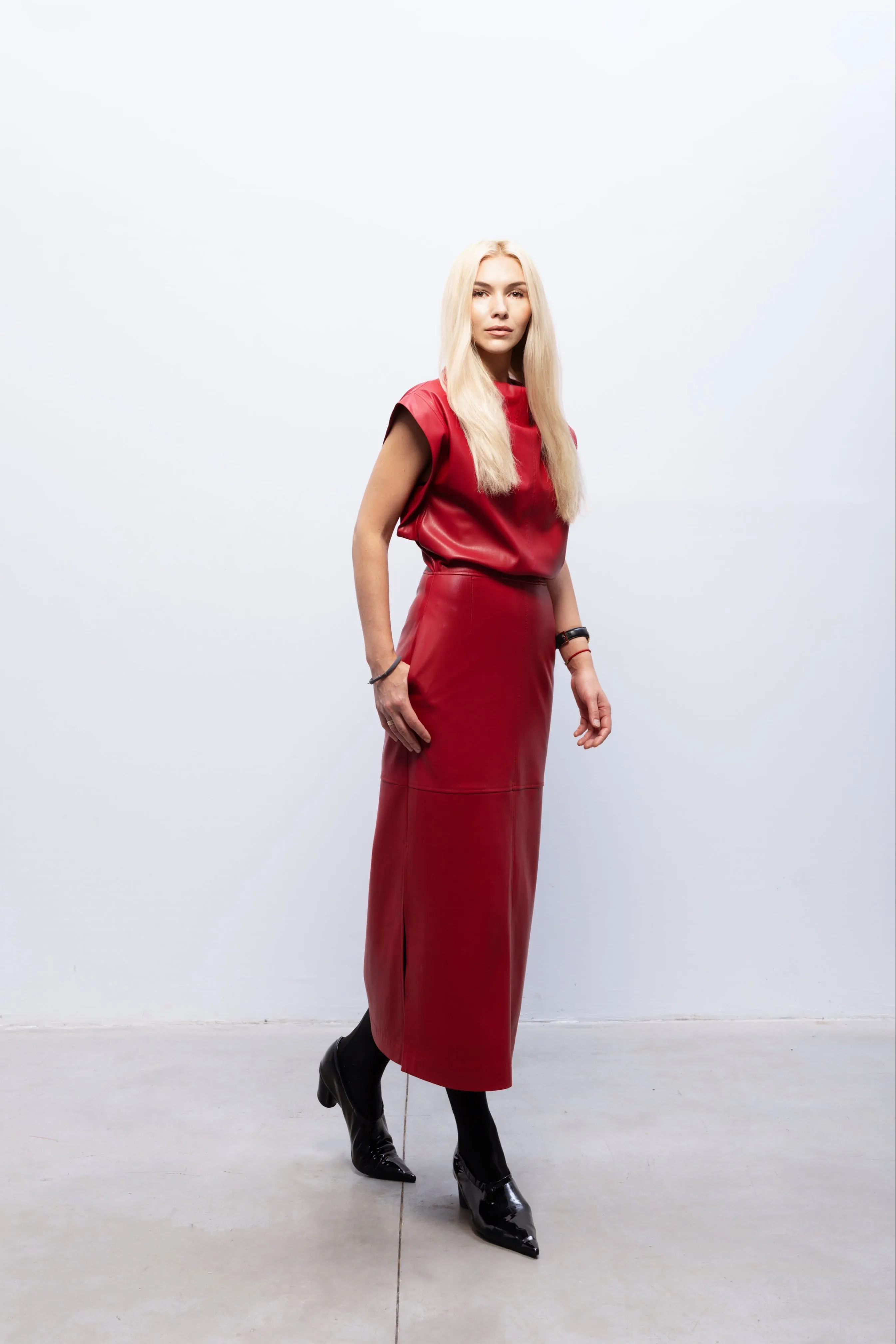Stylish Sleeveless Faux Leather Dress Red