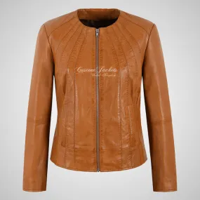TEODORA Collarless Leather Jacket For Ladies Soft Lamb Napa Leather