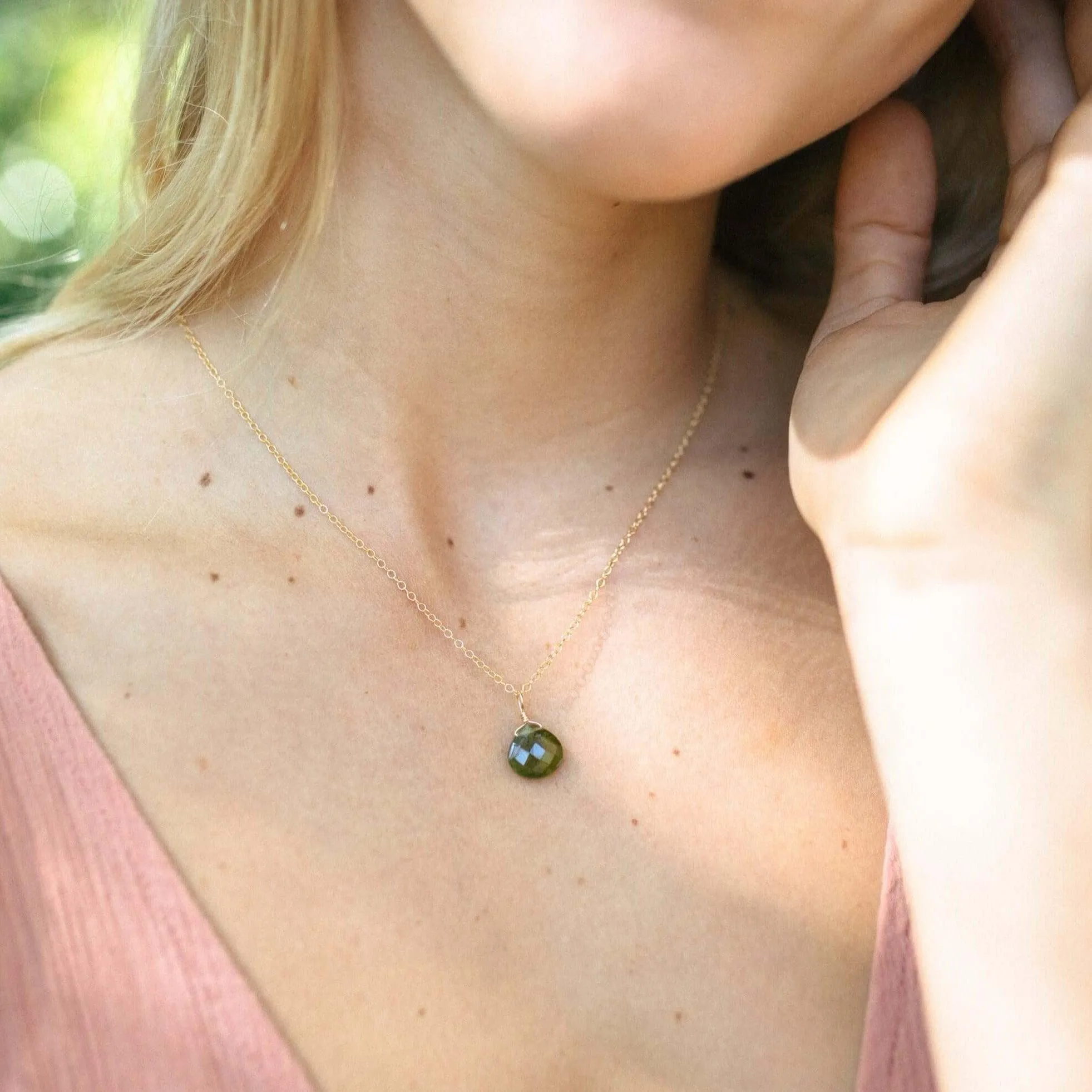 Tiny Peridot Teardrop Crystal Necklace
