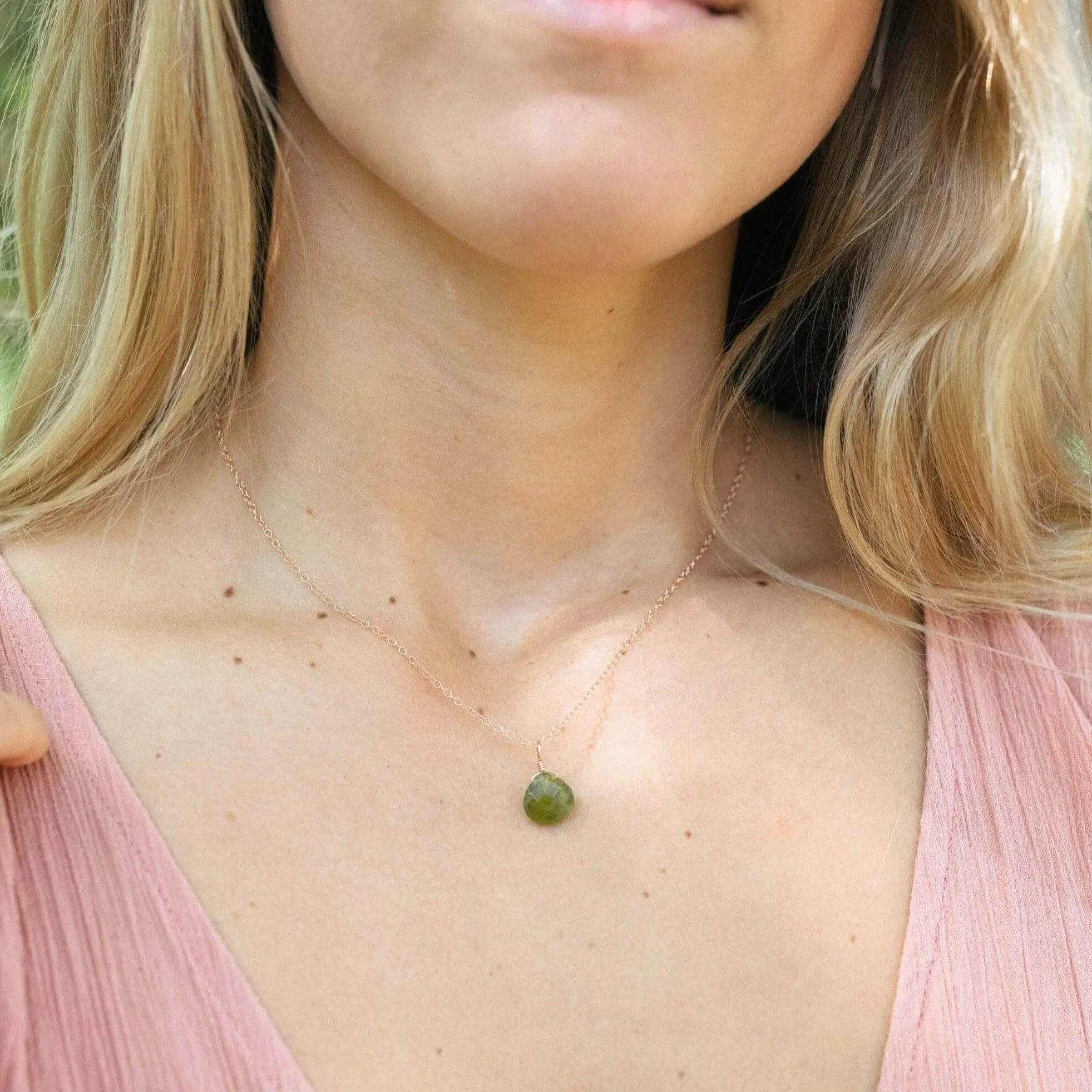 Tiny Peridot Teardrop Crystal Necklace