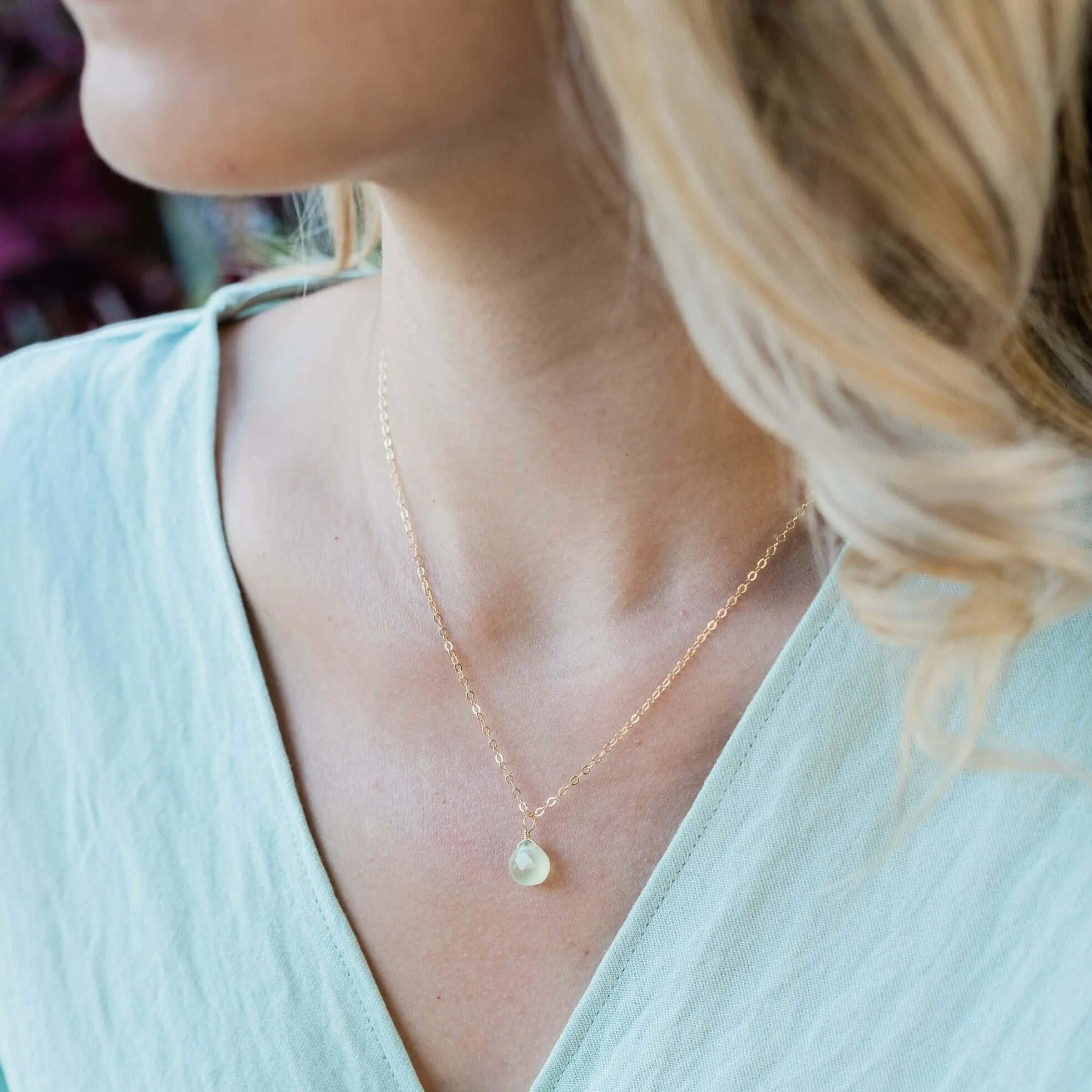 Tiny Prehnite Teardrop Crystal Necklace