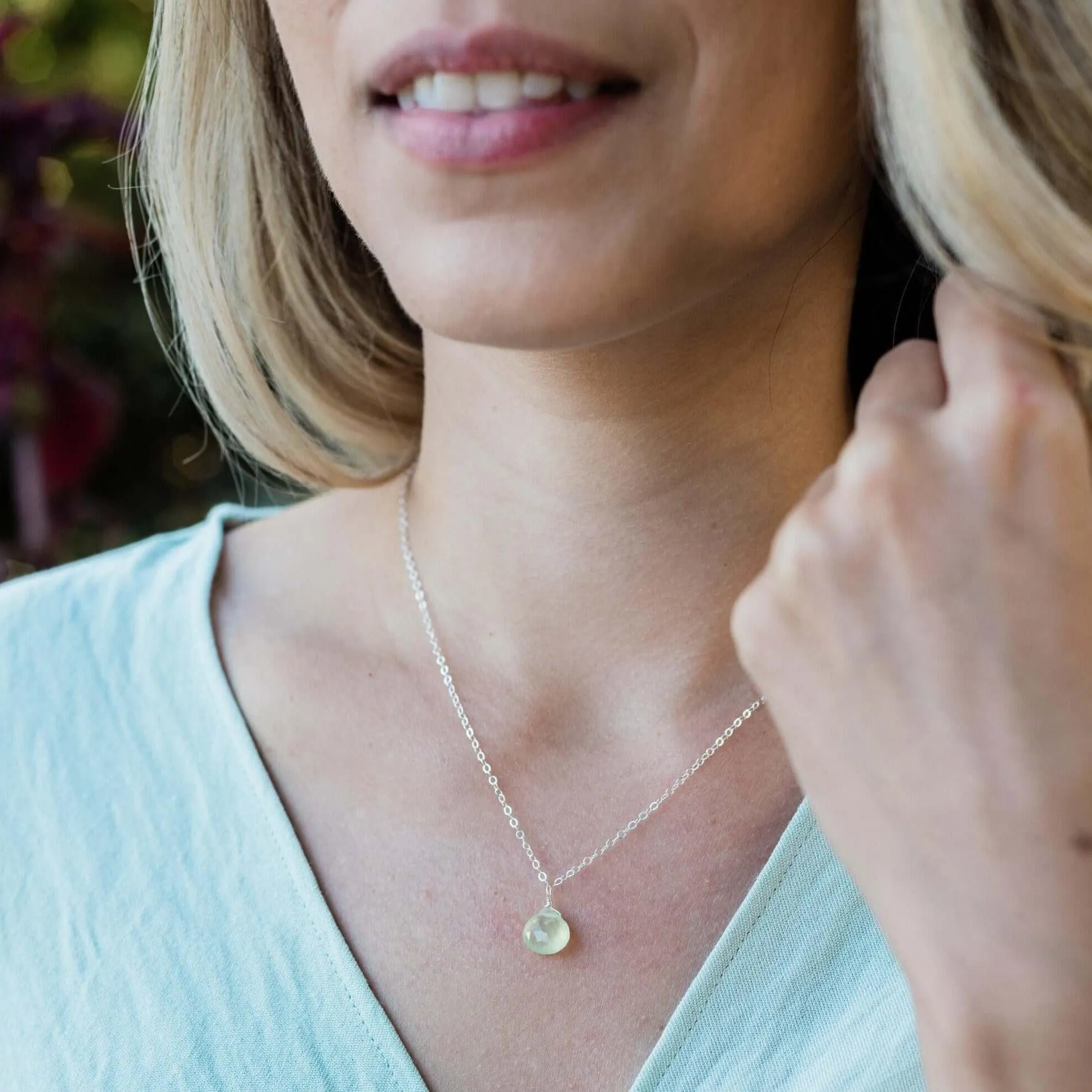 Tiny Prehnite Teardrop Crystal Necklace