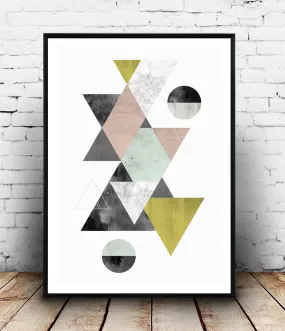Triangles print, geometric poster, minimalist watercolor art