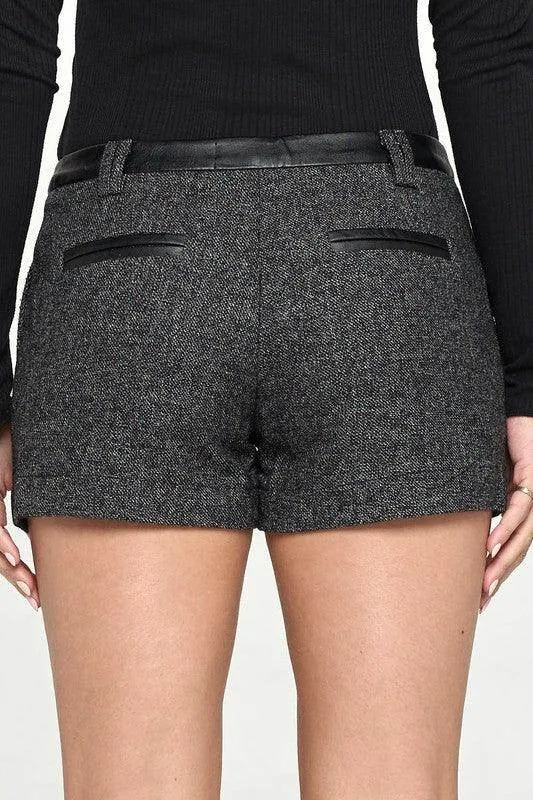 Vegan Leather Contrast Waist Band Short For Women