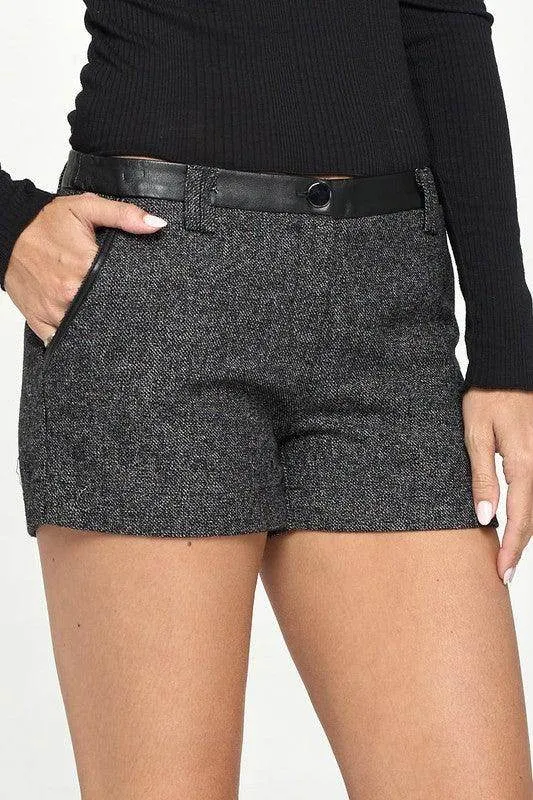 Vegan Leather Contrast Waist Band Short For Women
