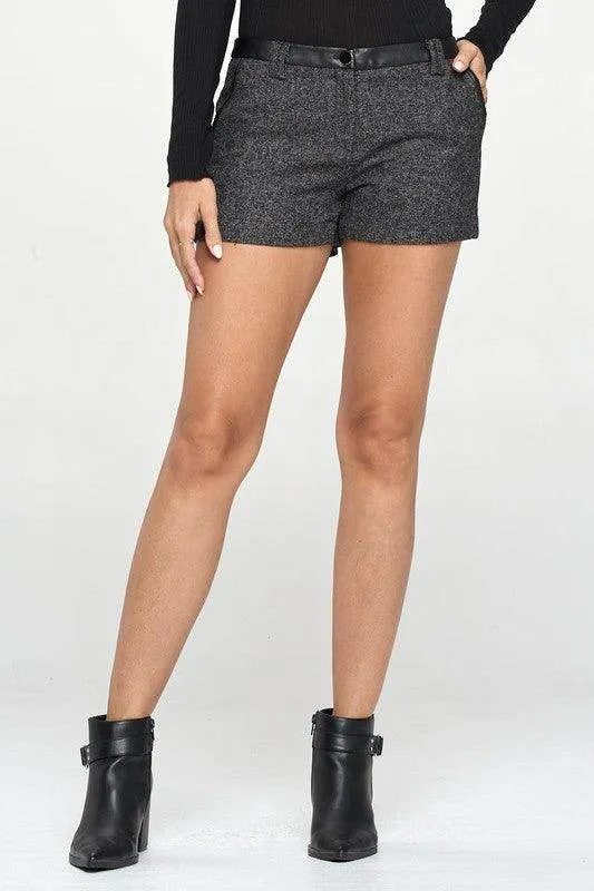 Vegan Leather Contrast Waist Band Short For Women