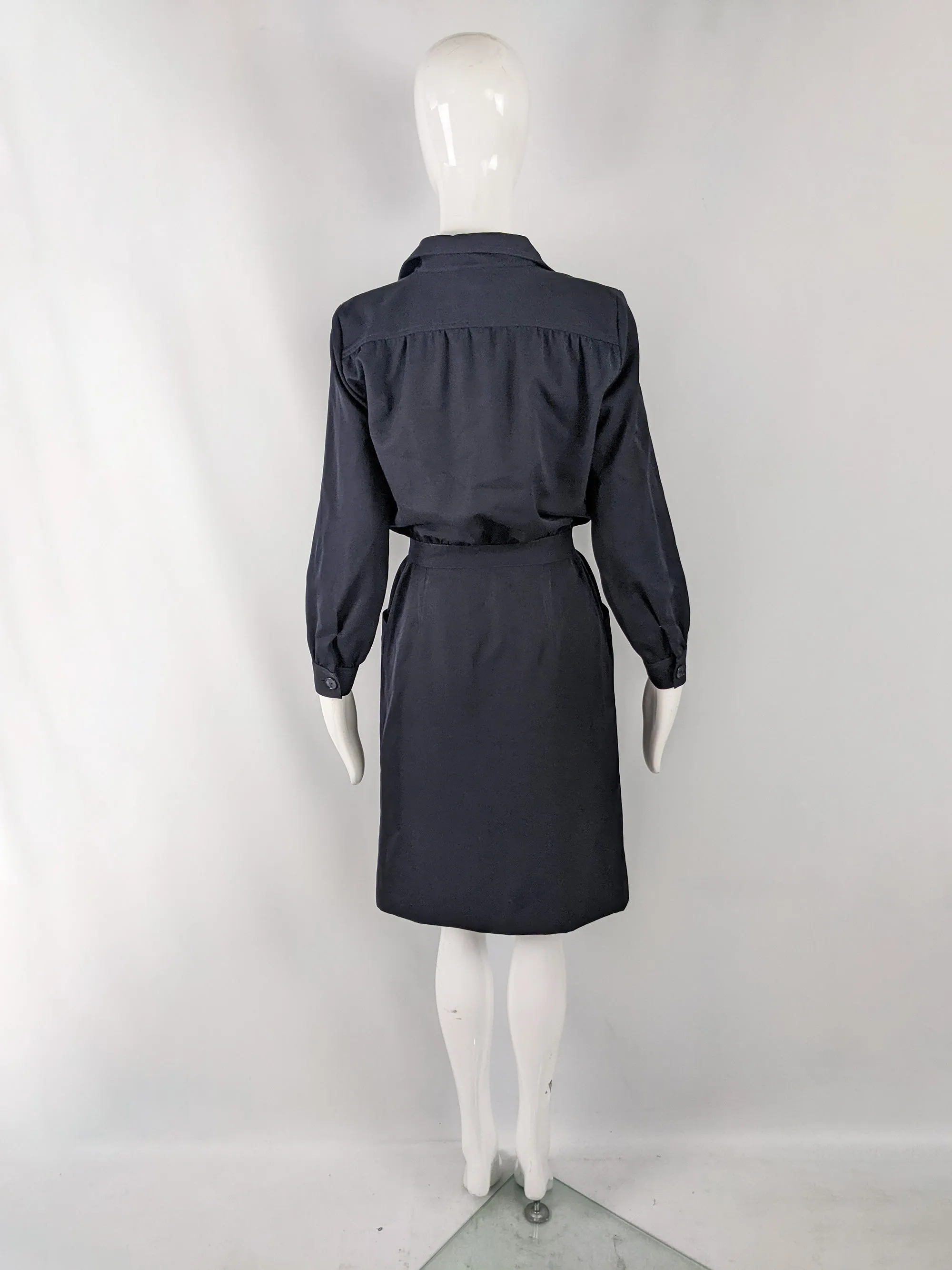 Vintage Navy Blue Blouson Wool Gabardine Dress, 1980s
