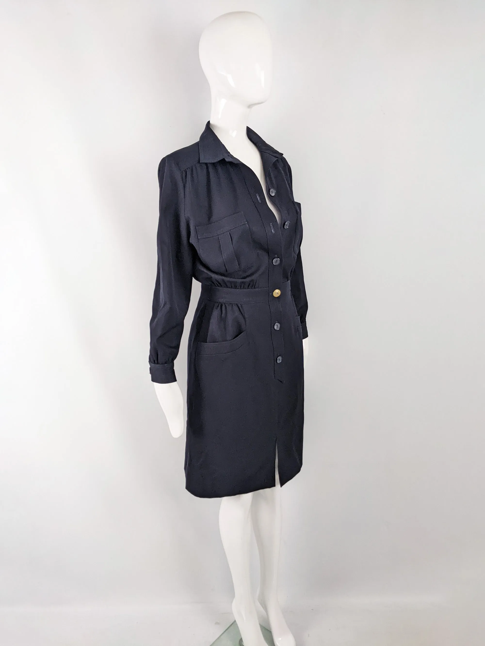 Vintage Navy Blue Blouson Wool Gabardine Dress, 1980s