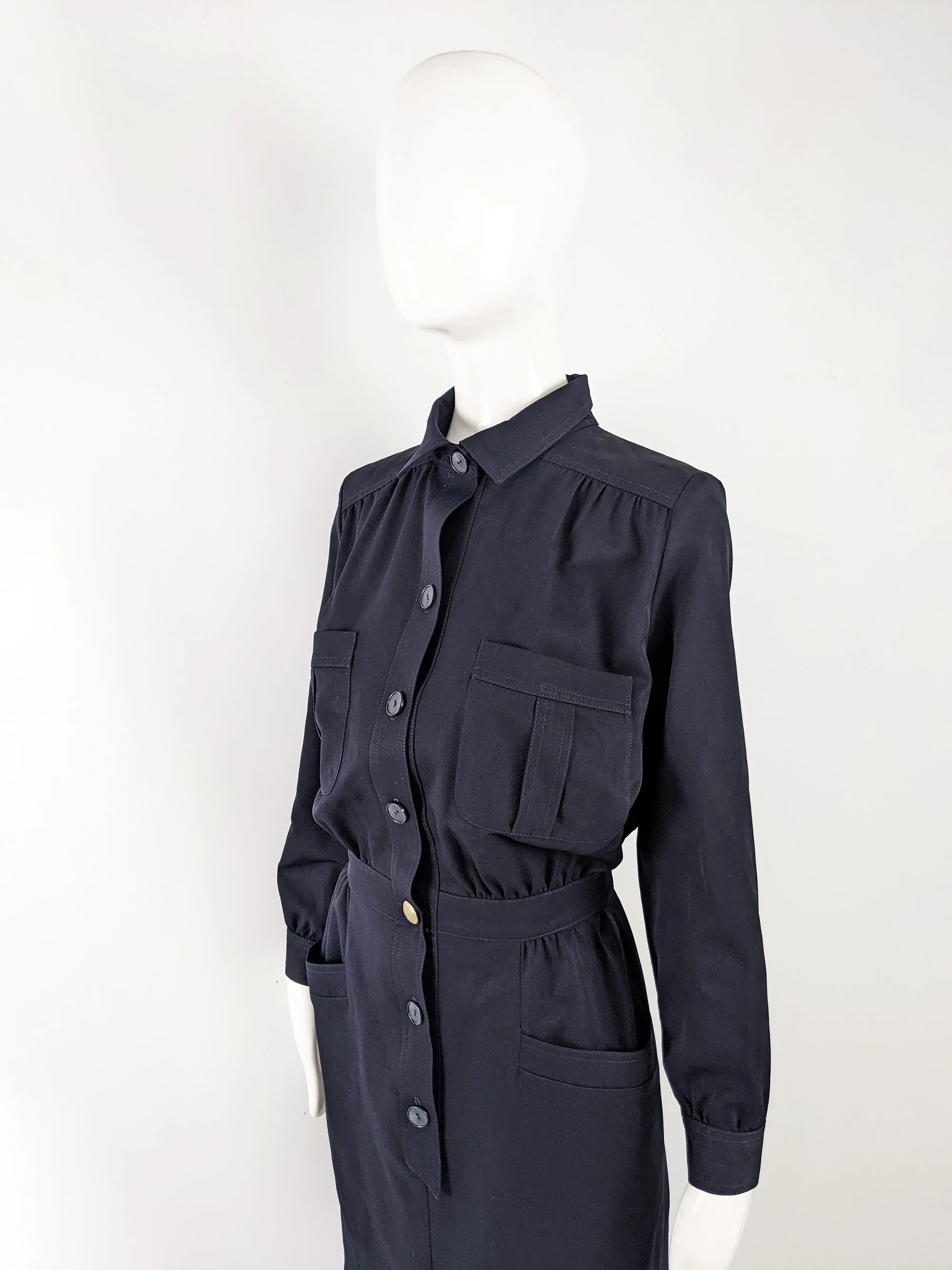 Vintage Navy Blue Blouson Wool Gabardine Dress, 1980s