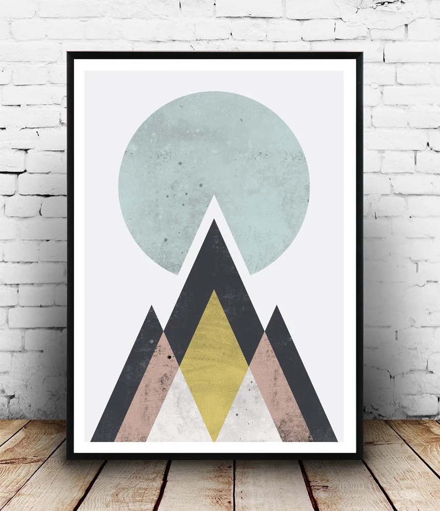 Watercolor print, geometric mountains print, abstract design poster,