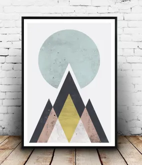 Watercolor print, geometric mountains print, abstract design poster,