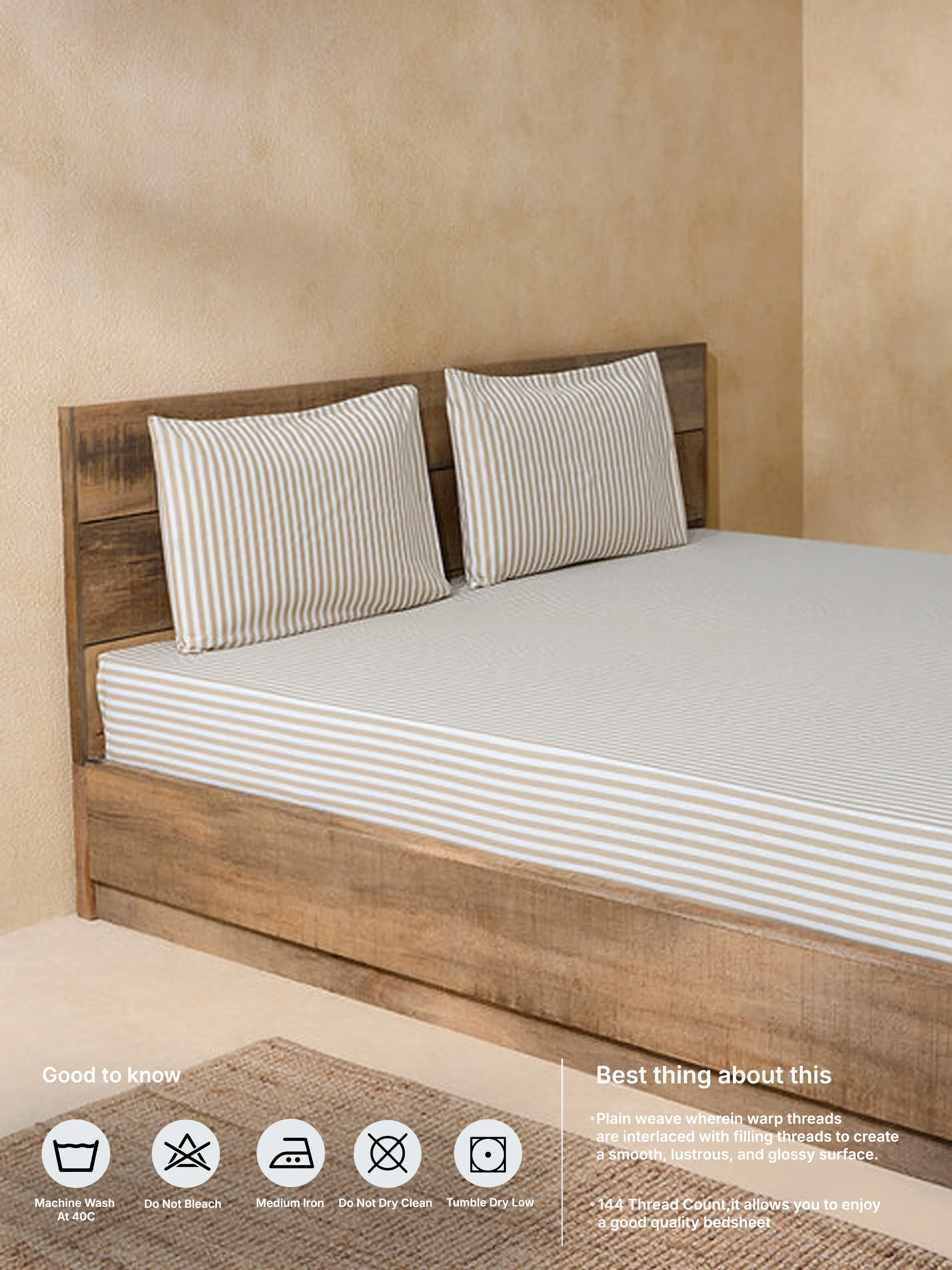 Westside Home Beige Stripe Printed Double Bed Flat Sheet and Pillowcase Set