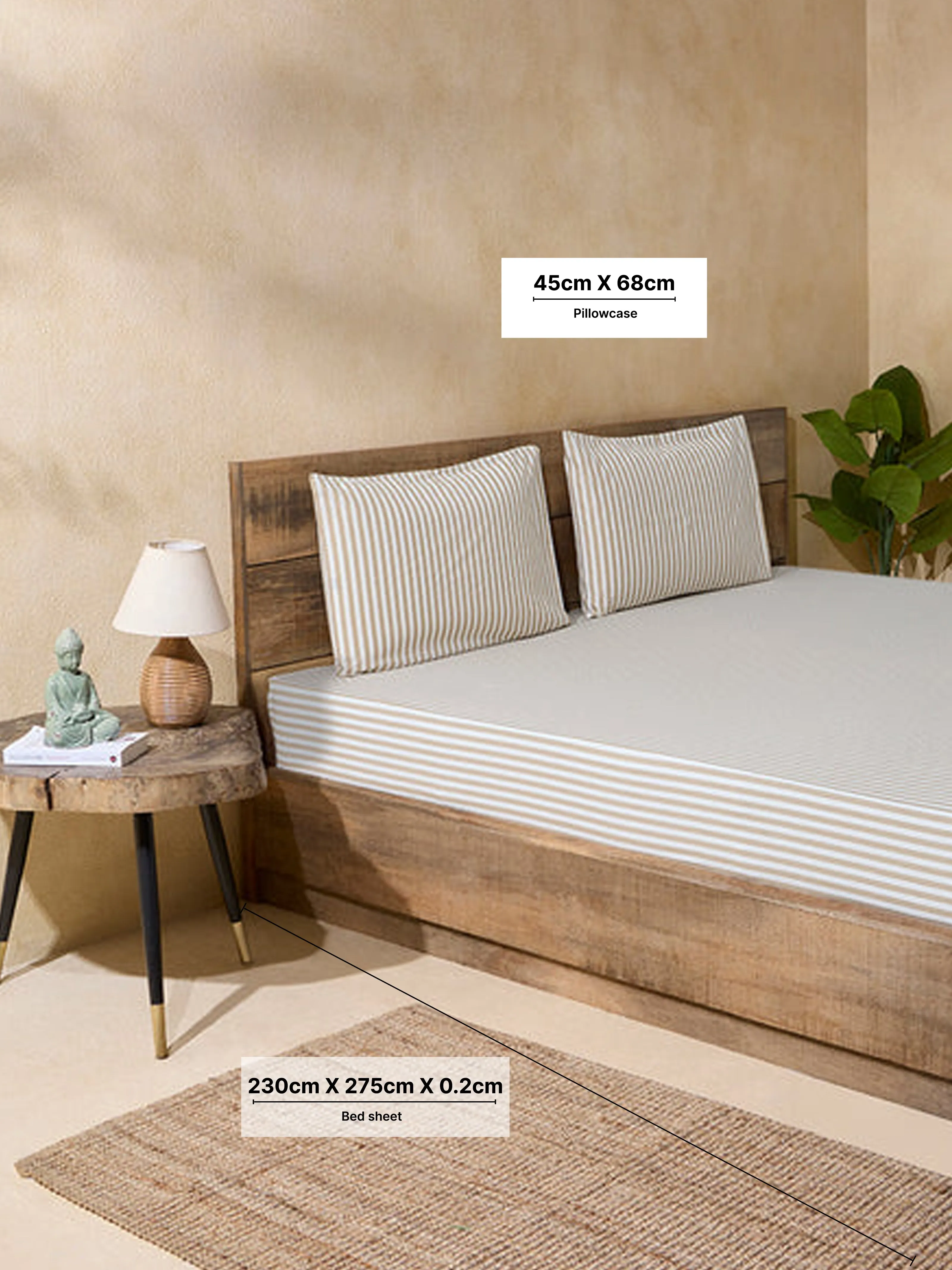 Westside Home Beige Stripe Printed Double Bed Flat Sheet and Pillowcase Set