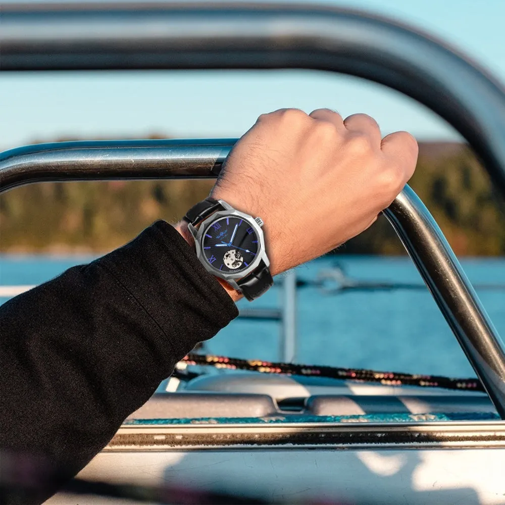 WINNER Fashion Irregular Skeleton Automatic Watch for Men Blue Luminous Hands Leather Strap Mechanical Watches