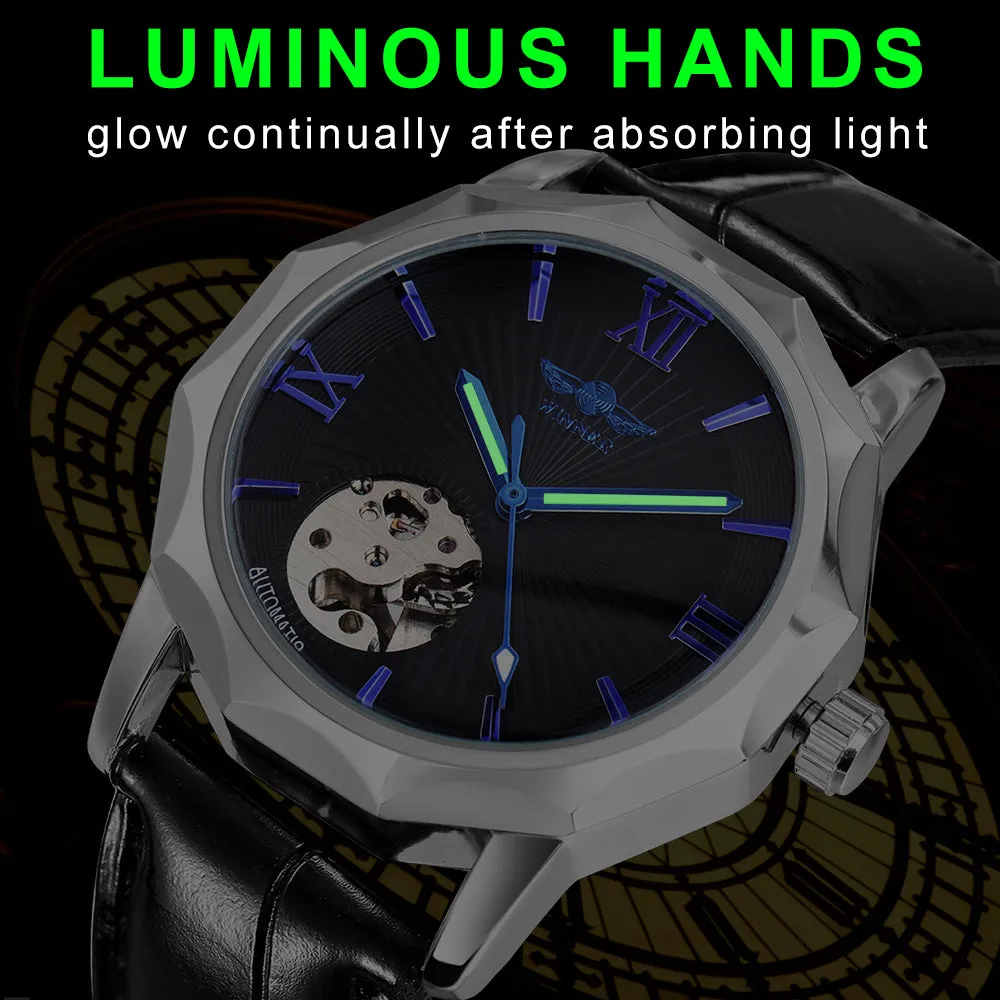 WINNER Fashion Irregular Skeleton Automatic Watch for Men Blue Luminous Hands Leather Strap Mechanical Watches
