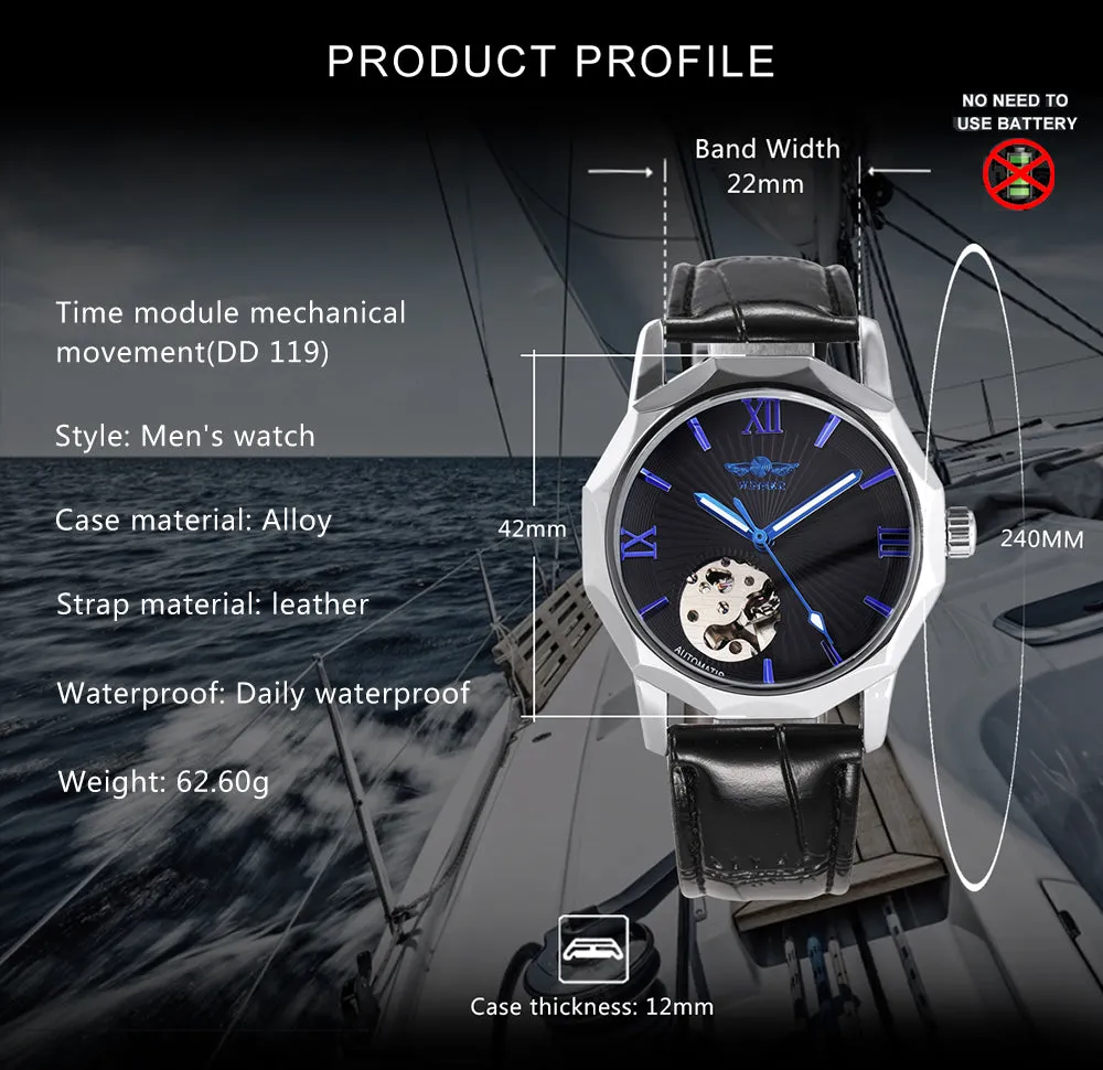 WINNER Fashion Irregular Skeleton Automatic Watch for Men Blue Luminous Hands Leather Strap Mechanical Watches