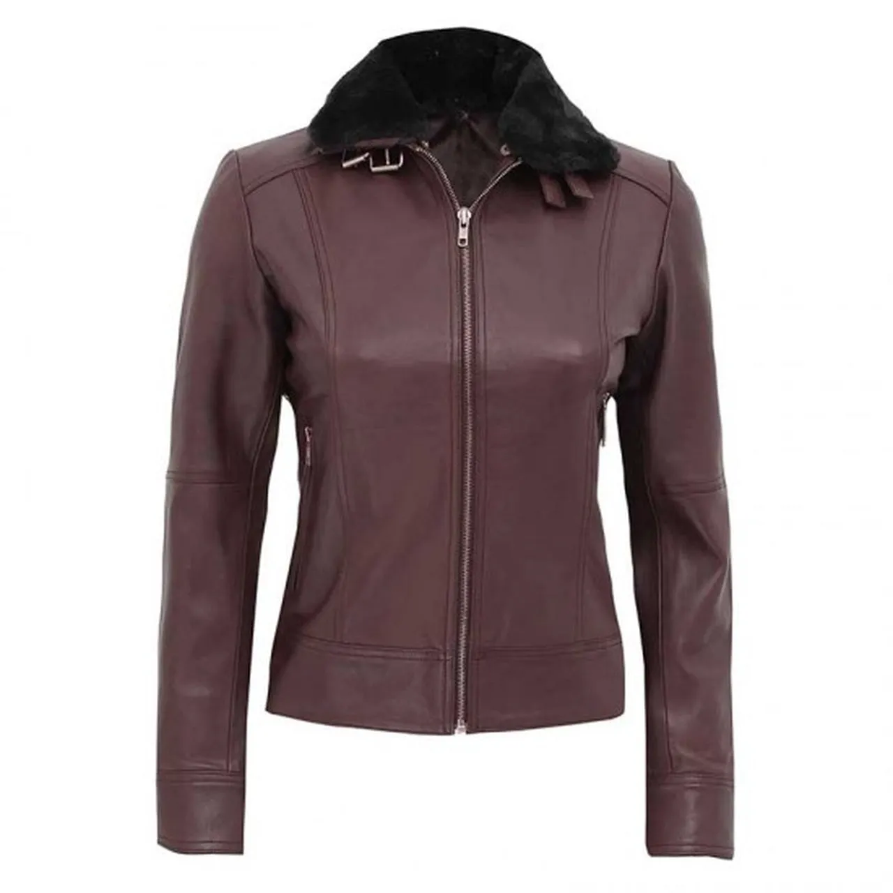 Women Brown Fur Collar Leather Jacket