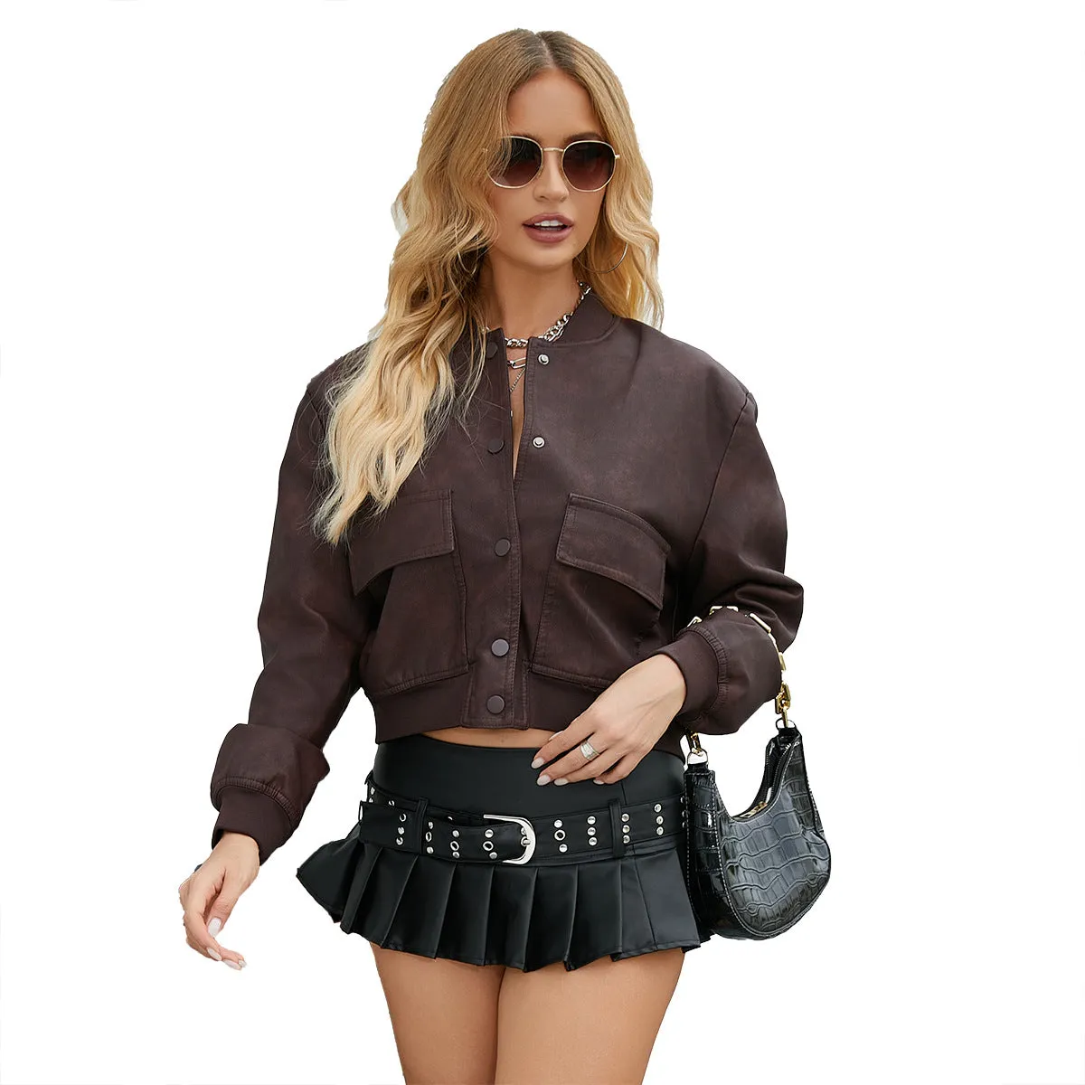 Women's Casual Loose-Fit Ribbed PU Leather Jacket